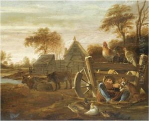 A Farmyard Scene With A Peasant Resting With A Dog In The Foreground by Dirck Wyntrack