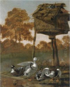Ducks By A River With Other Birds Perched On A Birdhouse Ducks By A River With Other Birds Perched On A Birdhouse