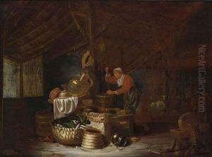 An Interior Of A Barn With A 
Maid Drawing Water From A Well, Near A Still Life Of A Copper Bowl, 
Earthenware Pots, A Barrel And Onions And Parsnips In A Basket, Sheep 
Beyond