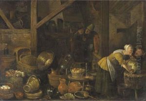 A Kitchen Interior With Peasants by Dirck Wyntrack