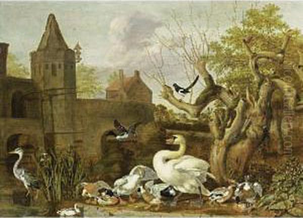 A Castle Moat With A Swan,
Various Ducks And A Heron In The Foreground, And A Magpie In A Tree - view 1
