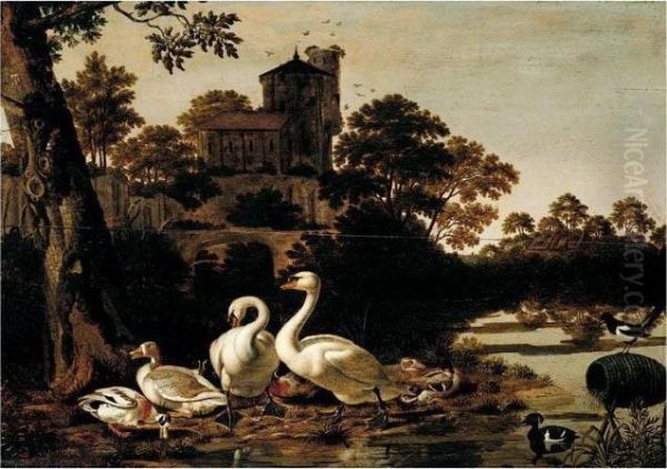 A River Landscape With Swans,
Geese, Mallard, Tufted Duck And A Magpie, A Church On A Hill-top Beyond - view 1