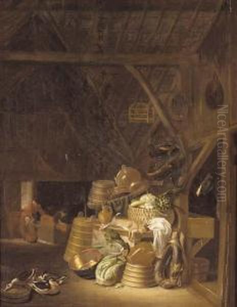 A Barn Interior With A Basket Of
Vegetables, A Dead Hare, Cabbages, Pots And Pans And A Jug On A Table,
With A Horse Tethered In A Byre, Ducks Feeding And A Mother And Children
With A Calf Beyond - view 1