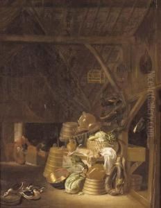 A Barn Interior With A Basket Of
Vegetables, A Dead Hare, Cabbages, Pots And Pans And A Jug On A Table,
With A Horse Tethered In A Byre, Ducks Feeding And A Mother And Children
With A Calf Beyond by Dirck Wyntrack