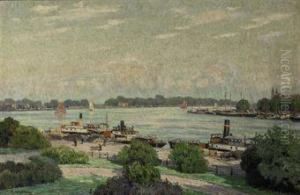 Moored Steam Vessels Near A Town by Rodolphe Paul Wytsman