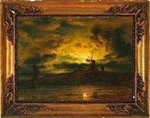 A Dutch Canal Scenery With A Wind Mill by Wilhelm Ferdinand Xylander