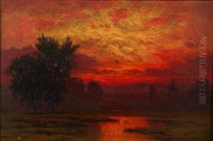 Marshland Sunset With Distant Steeple by Raymond Dabb Yelland