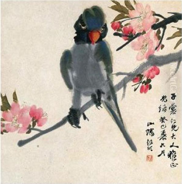 Parrot Perching On A Flowering Branch - view 1