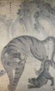 Importante Peinture Tendue Sur
Chassis Au Lavis Sur Papier Representant Un Tigre Blanc Jouant Avec Son
Petit Sous L'oeil D'un Singe Perche Sur Un Rocher ; Au Second Plan, Un
Paysage De Montagnes Et Cascade. Sur Le Front Des Deux Felins, Figure Le
by Tang Yin