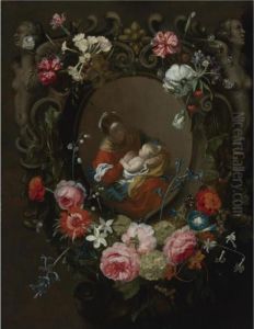 The Virgin And Child Surrounded By A Cartouche Of Floralgarlands by Frans Ykens