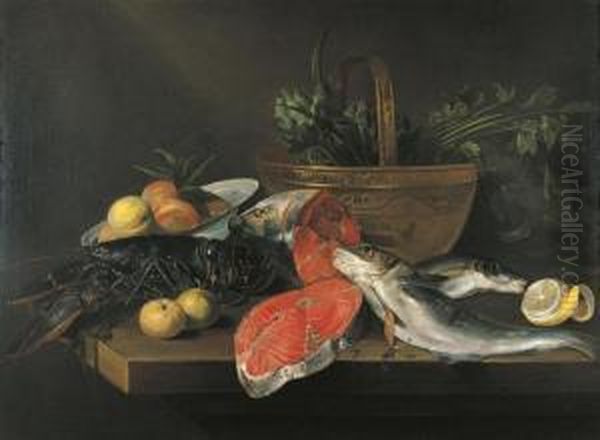 Still Life With Lobster, Salmon,
Peeled Lemon And Fruits In A Bowland Vegetables In A Copper Basket On A
Table. by Frans Ykens