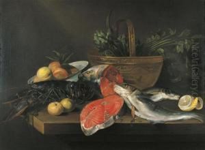 Still Life With Lobster, Salmon,
 Peeled Lemon And Fruits In A Bowland Vegetables In A Copper Basket On A
 Table.