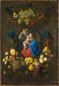 Vierge A L'enfant Dans Une Guirlande De Fleurs