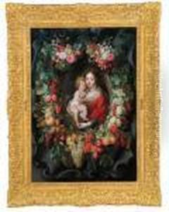 Maria Con Gesu Bambino In Una Corona Di Fiori E Frutta Davanti A Un Festone In Pietra Maria Con Gesu Bambino In Una Corona Di Fiori E Frutta Davanti A Un Festone In Pietra