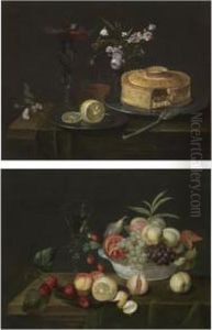 Still Life With A Meat Pie On A
Pewter Plate, A Vase Of Flowers, An Elaborate Wine Glass And A Sliced
Lemon On A Wooden Ledge; Still Life With Grapes, An Open Pomegranate,
Peaches And A Fig In A Blue-and-white Wan-li Porcelain Bowl, Together
With by Frans Ykens