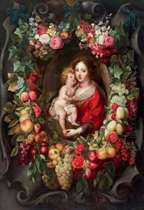 Maria Con Il Bambino In Una Corona Di Fiori E Di Frutta Accanto A Un Cartiglio Di Pietra