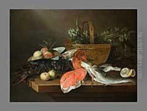 Grosses Stilleben Mitfischen, Hummer, Artischocken Und Fruchten