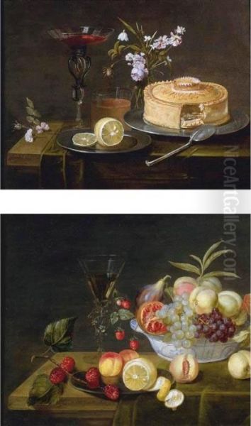 A Still Life Of Peaches, Grapes,
Pomegranates, Figs And Wild Strawberries In A Wan-li Porcelain Bowl All
Resting On A Tabletop - view 1