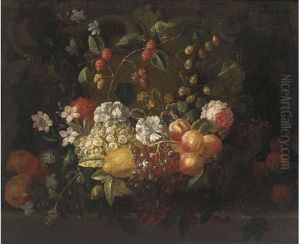 A Swag Of Grapes, Peaches, 
Lemons, Gooseberries, Raspberries, Arose And Other Mixed Flowers Over A 
Ledge