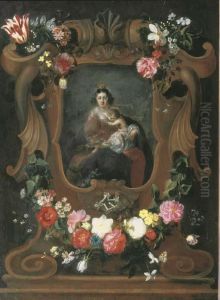 The Virgin And Child With The
Young Saint John The Baptist, Surrounded By A Cartouche With Floral
Garlands by Frans Ykens
