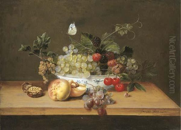 Grapes On The Vine, 
Whitecurrants, Blackberries, Cherries And A Walnut In A Porcelain Bowl 
With Peaches, Grapes And A Walnut On A Wooden Table Ledge With A Large 
White Butterfly - view 1