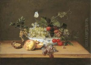 Grapes On The Vine,
Whitecurrants, Blackberries, Cherries And A Walnut In A Porcelain Bowl
With Peaches, Grapes And A Walnut On A Wooden Table Ledge With A Large
White Butterfly by Frans Ykens