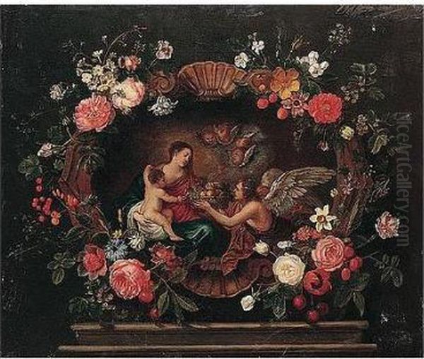 The Virgin And Child Attended By
 Angels, Within A Cartouche Adorned With Fruit And Flowers - view 1