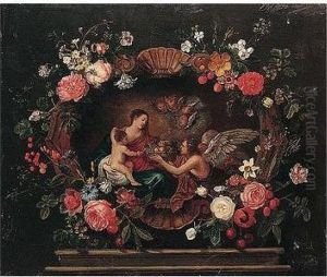 The Virgin And Child Attended By
 Angels, Within A Cartouche Adorned With Fruit And Flowers by Frans Ykens