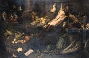 A Kitchen With Dead Snipe, A Leg
 Of Ham And A Dead Hare Hangingfrom Hooks Above Stone Ledges With Dead 
Songbirds In A Copperbucket, Turnips And Fruit On A Wan-li Dish, 
Cabbages And Turnips Ina Barrel With Cauliflower, Asparagus And 
Artichokes On T by Frans Ykens