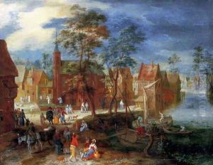 A village kermesse with a horse-drawn cart in the foreground by Pieter Gijsels