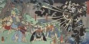 Minamoto No Mitsunaka Sumiyoshi Sanro Mojigen (apparition Of The Thunder God) by Utagawa or Ando Hiroshige