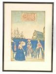 English Ladies With Ships And A Cathedral In The Background. by Utagawa Yoshitora