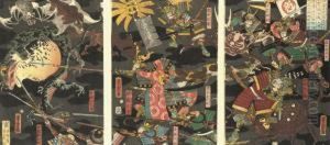 A Triptych Showing Sato Masakiyo
 In Battle With Various Animal Monsters, A Giant Toad On The Left, 
Signed
