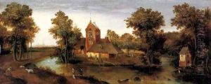 A moated tower with farmhouses