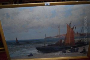 'unloading The Catch' With Figures And Fishing Boats On A Shoreline by Alexander Young