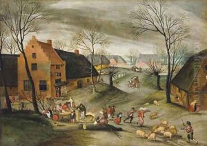 A wooded winter village landscape with peasants slaughtering pigs