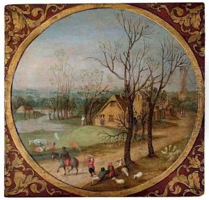 Autumn A village scene with peasants and livestock by a road, cottages and a windmill beyond, in a feigned roundel by Abel Grimmer