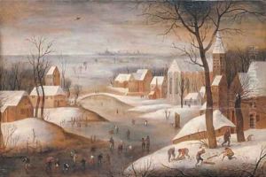 A wooded winter river landscape with a town, skaters and woodchoppers, another town beyond