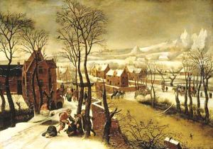 A village landscape in winter with the Massacre of the Innocents