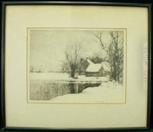 House With Pond In Winter Snow by Charles Jac Young