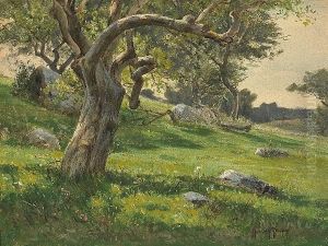 Trees And Wildflowers On A Hillside by Harvey Otis Young