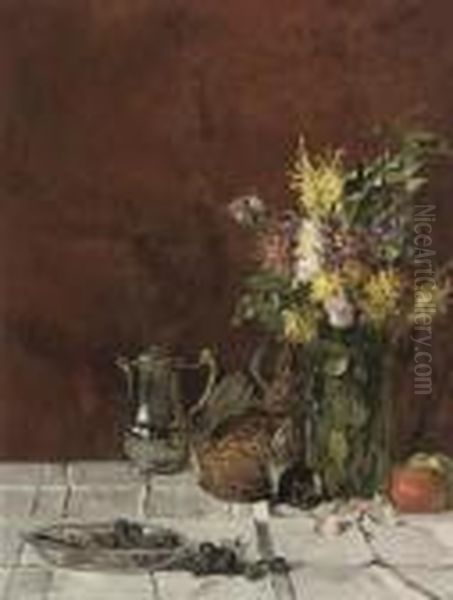 A Bowl Of Grapes, A Silver
Coffee Pot, A Pheasant, A Vase Of Flowers And Apples On A Draped Table - view 1