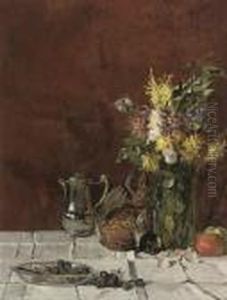 A Bowl Of Grapes, A Silver 
Coffee Pot, A Pheasant, A Vase Offlowers And Apples On A Draped Table by Edmond Yvon