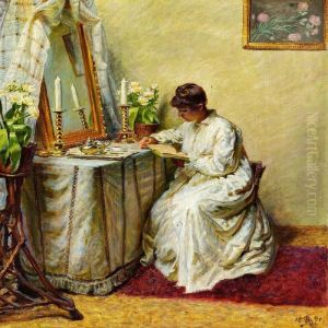 En L sende Ung Dame I Hvid Dragt Ved Sit Toiletbord by Kristian Zahrtmann