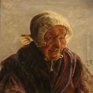 Hovede En Face Af En Gammel Kone Fra Ribe Med Pipekappe Ogviolet Torklaede by Kristian Zahrtmann