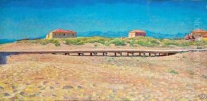 Houses On The Beach, In The Background Mountains. Signed Monogram 1893 by Kristian Zahrtmann
