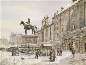 Der Platz Am Hofmit Dem Radetzkydenkmal Im Schnee by Karl Wenzel Zajicek