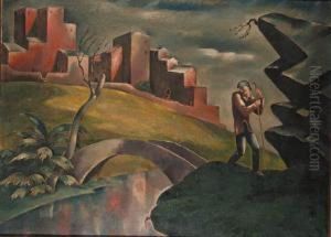 A Traveller In A Landscape Near A Bridge A Traveller In A Landscape Near A Bridge