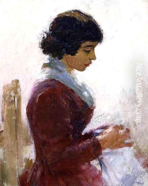 Girl in Red Sewing - view 1
