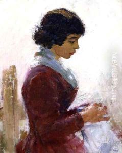 Girl in Red Sewing by Sanford Robinson Gifford